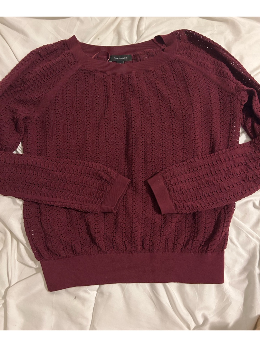 Ann Taylor Openwork Crewneck Sweater in Burgundy